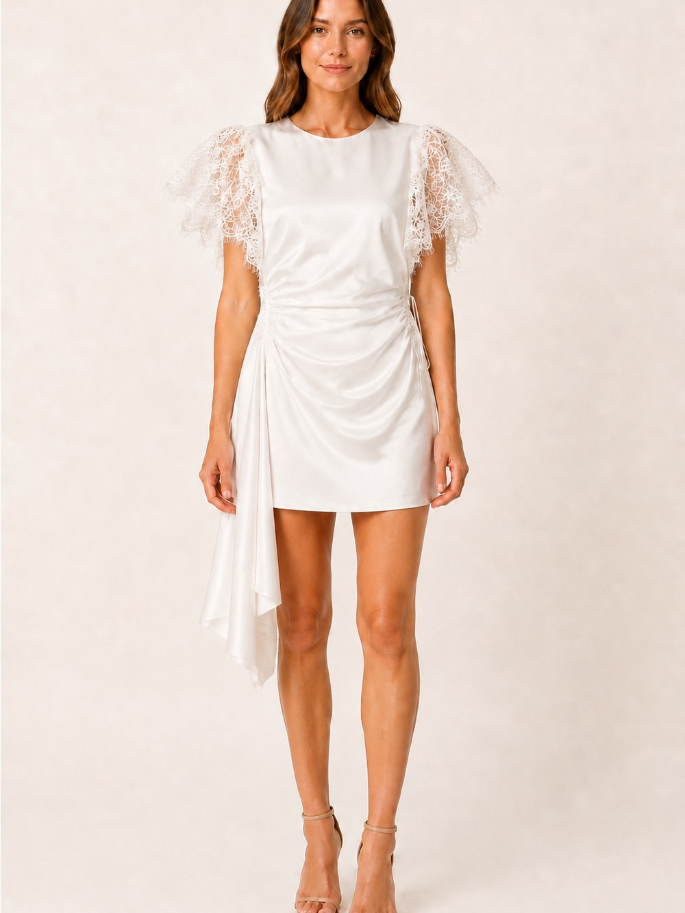 NWT AMUR Zina Ivory Satin Lace Ruched Asymmetric Dress Size 8